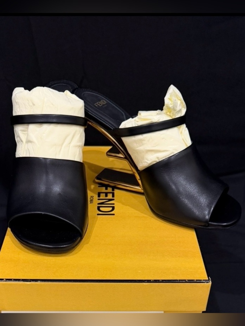 Authentic Fendi Black Leather Open-Toe Sandals with Sculptural Gold Heel
